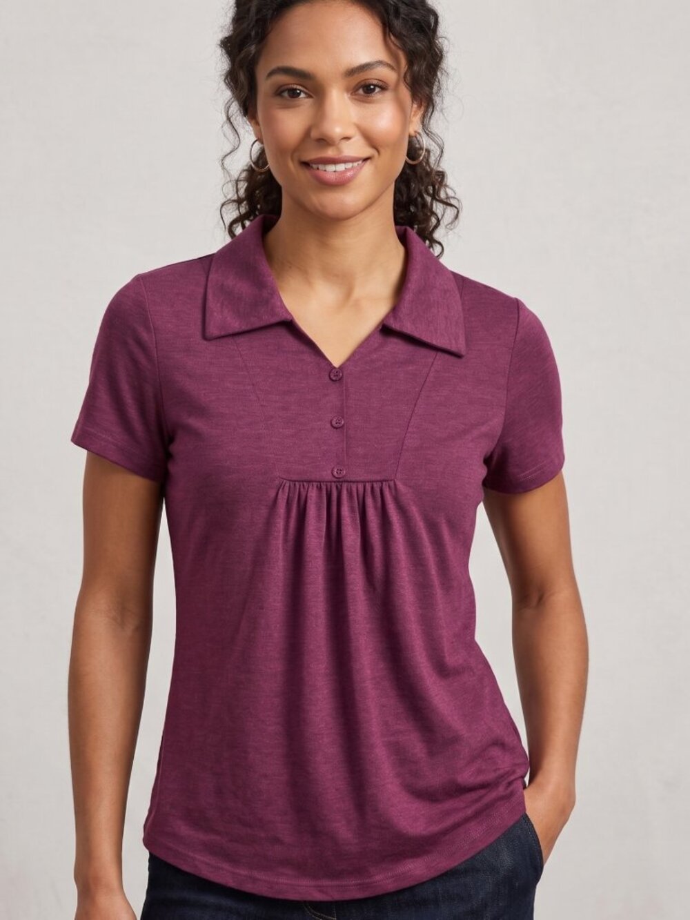 NWOT | Heather Plum V-Neck Button Accent Pleated Short Sleeve Top | Medium